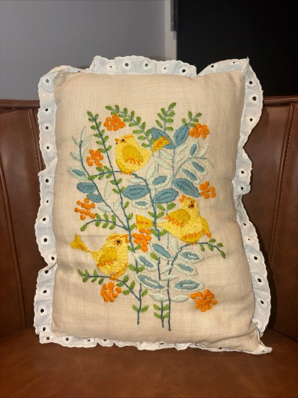 Vintage Hand Stitched Yellow Bird Floral Pillow  Handmade Throw Accent Granny